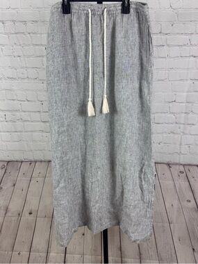 Tahari Black White 100% Linen Drawstring Maxi Skirt Size Medium
